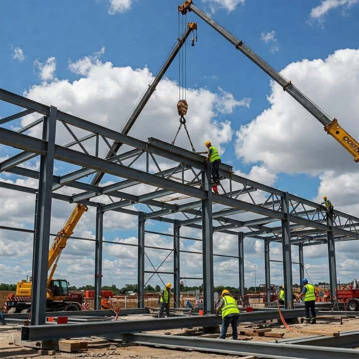 Steel frame structure under construction